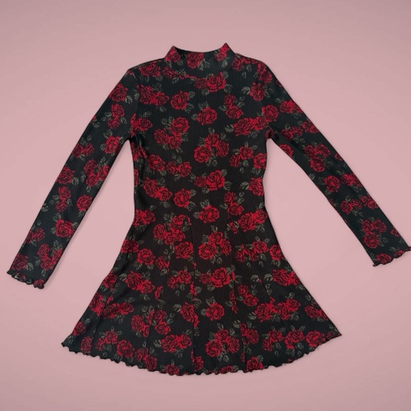 SO Other - SO Black and Red Floral Ribbed Dress